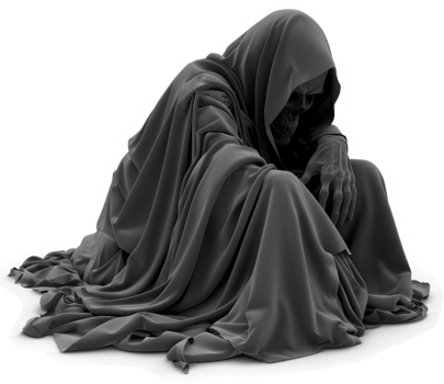 A shrouded, sorrowful figure sits in somber contemplation. png