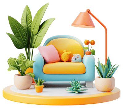 Vibrant, stylized armchair and plant arrangement on a circular platform. png