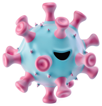 Cartoonish depiction of a virus with a happy expression. png