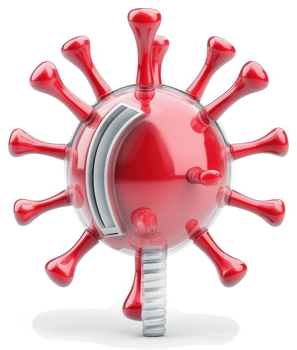 Red virus-shaped phone depicts communication during a pandemic. png