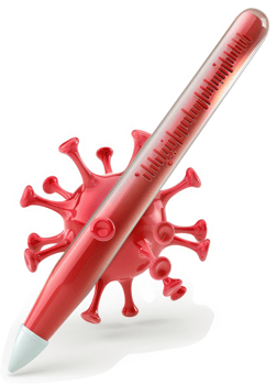Red stylus poised over a virus model. png