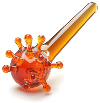 A 3d illustration of a virus with a long, amber-colored projection. png