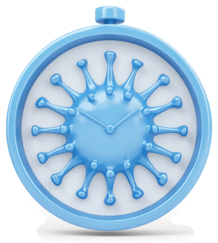 A stylized clock face with a virus motif depicts time during a pandemic. png