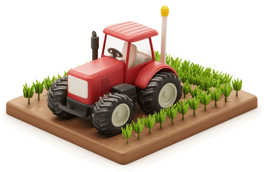 Red tractor cultivating a field of young plants. png