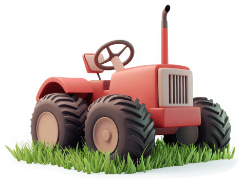 Cartoonish red tractor sits in a grassy field. png