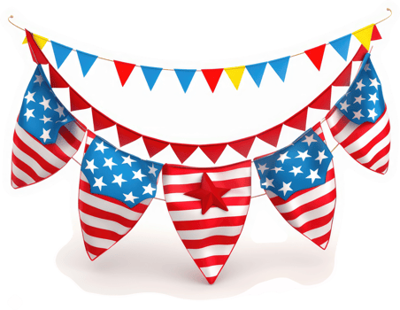 Patriotic triangular banners strung in a festive display. png