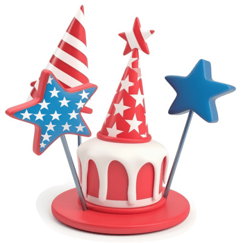 Patriotic cake decoration with party hats and stars. png
