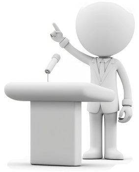 White figure orator at podium delivers a speech. png