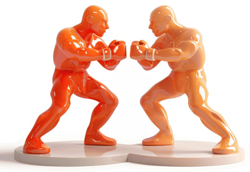Two opposing figures in vibrant orange and peach, poised for a boxing match. png