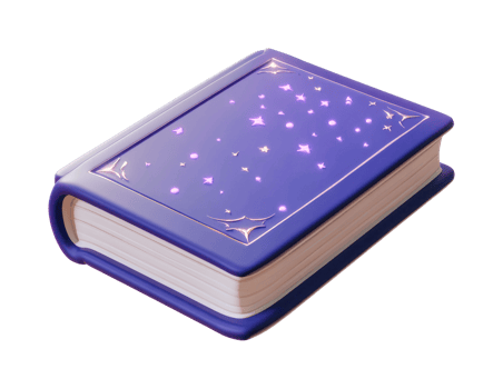 Glowing magical book with purple cover and star patterns png
