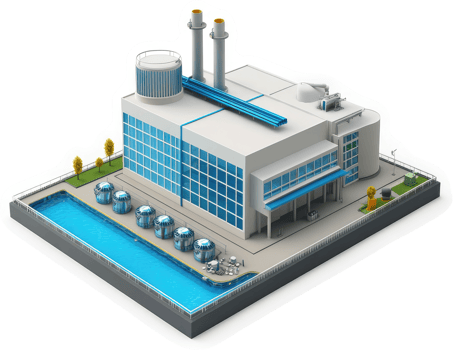 Industrial water treatment facility with connected pipelines. png