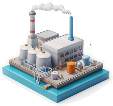 Industrial complex with multiple processing tanks and smokestacks. png