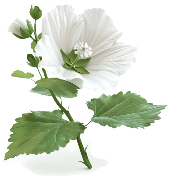 Delicate white hibiscus flower blossoms with green leaves. png