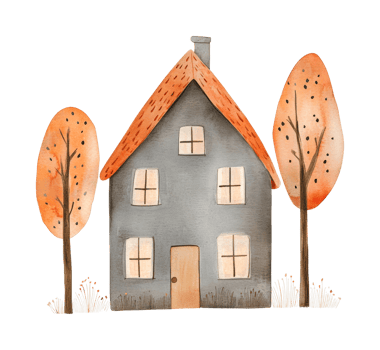 Cozy autumn cottage with red leafy trees, hand-painted watercolor art png