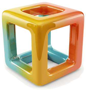 Multi-colored, hollow cube with vibrant gradients. png