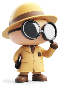 Cartoon detective character with magnifying glasses. png