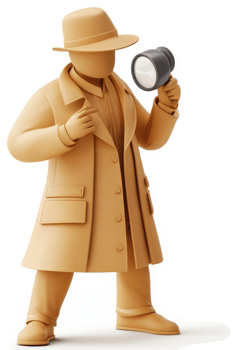 Detective in a beige trench coat examines a magnifying flashlight. png