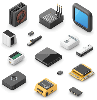 Diverse electronic components and devices arranged in a clustered layout. png