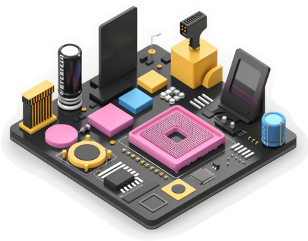 Colorful electronic circuit board components displayed in isometric view. png
