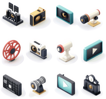 Retro-styled multimedia device icons in an isometric grid. png