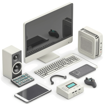 Modern computer peripherals and devices laid out for display. png