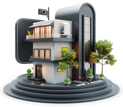 Modern home security illustration, featuring a stylized smart house. png