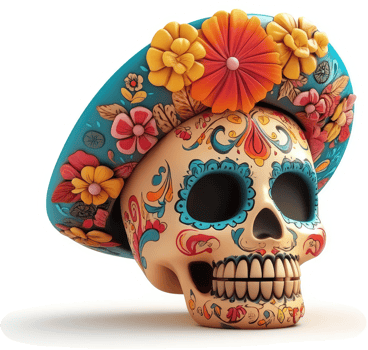 Vibrant sugar skull adorned with a colorful sombrero. png