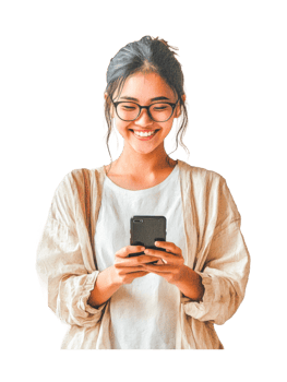 Asian young adult female smiling with smartphone png