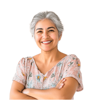 Mature hispanic female smiling with arms crossed in floral shirt png