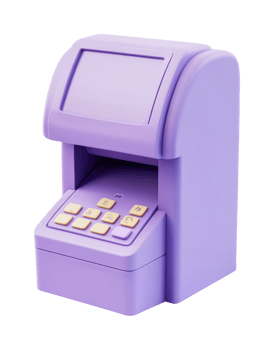 Purple retro-inspired electronic device with keypad and screen png