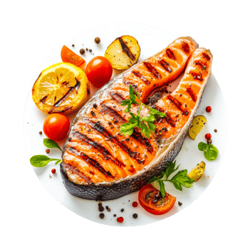 Grilled salmon steak with cherry tomatoes and lemons on a white plate png
