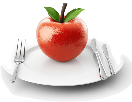 Single red apple presented on a white plate with utensils. png