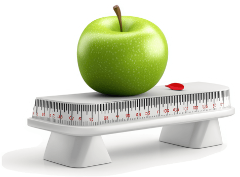 Green apple balanced on a scale, signifying healthy eating. png