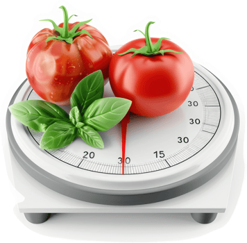 Fresh tomatoes weighed on a kitchen scale. png
