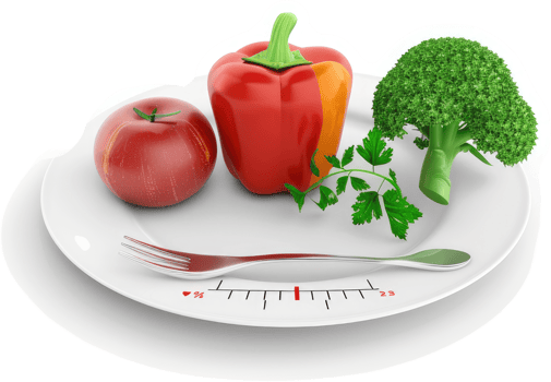 Colorful fruits and vegetables displayed on a plate with a measuring fork. png
