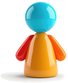 Colorful, stylized, cartoonish figure, presented in a three-dimensional view. png