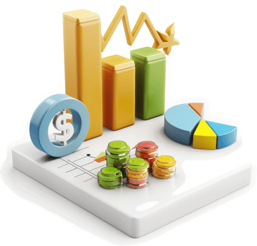 Colorful financial data visualizations on a white base. png