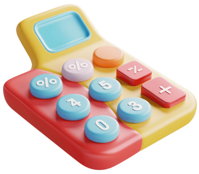 Colorful calculator design featuring percentage and arithmetic functions. png