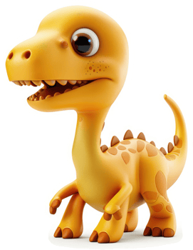 Cartoonish yellow dinosaur character, smiling. png