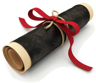Rolled diploma decorated with a red ribbon. png