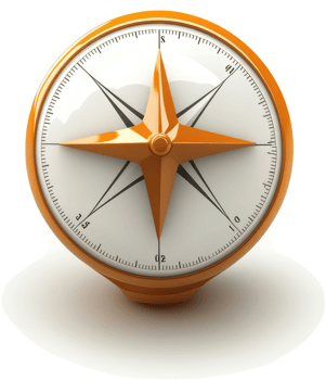 Orange compass points toward a specific direction. png