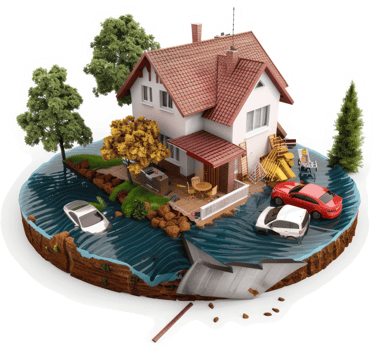 Flooded home and property, illustrating flood damage. png