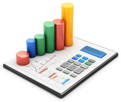 Colorful bar graph on a calculator, illustrating upward trend. png