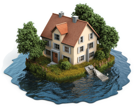 A charming home sits on an island in a tranquil body of water. png