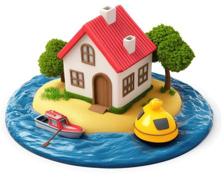A charming house on a tiny island with a boat and a yellow vehicle. png