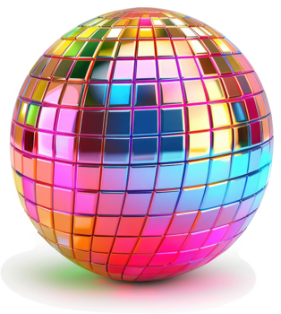 Multicolored disco ball reflecting vibrant hues. png