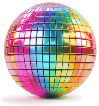 Vibrant, multicolored disco ball reflects light in a sphere. png