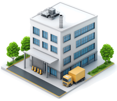Modern industrial building with delivery truck and landscaping. png