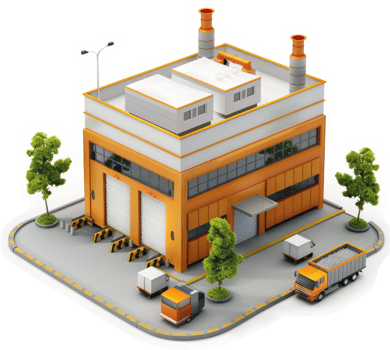 Industrial facility with loading docks and transportation vehicles. png