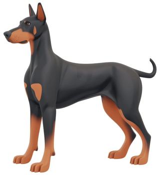 A sleek Doberman Pinscher, standing proudly. png